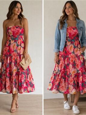 Flying Tomato Strapless Tiered Floral Midi Dress 05-0181